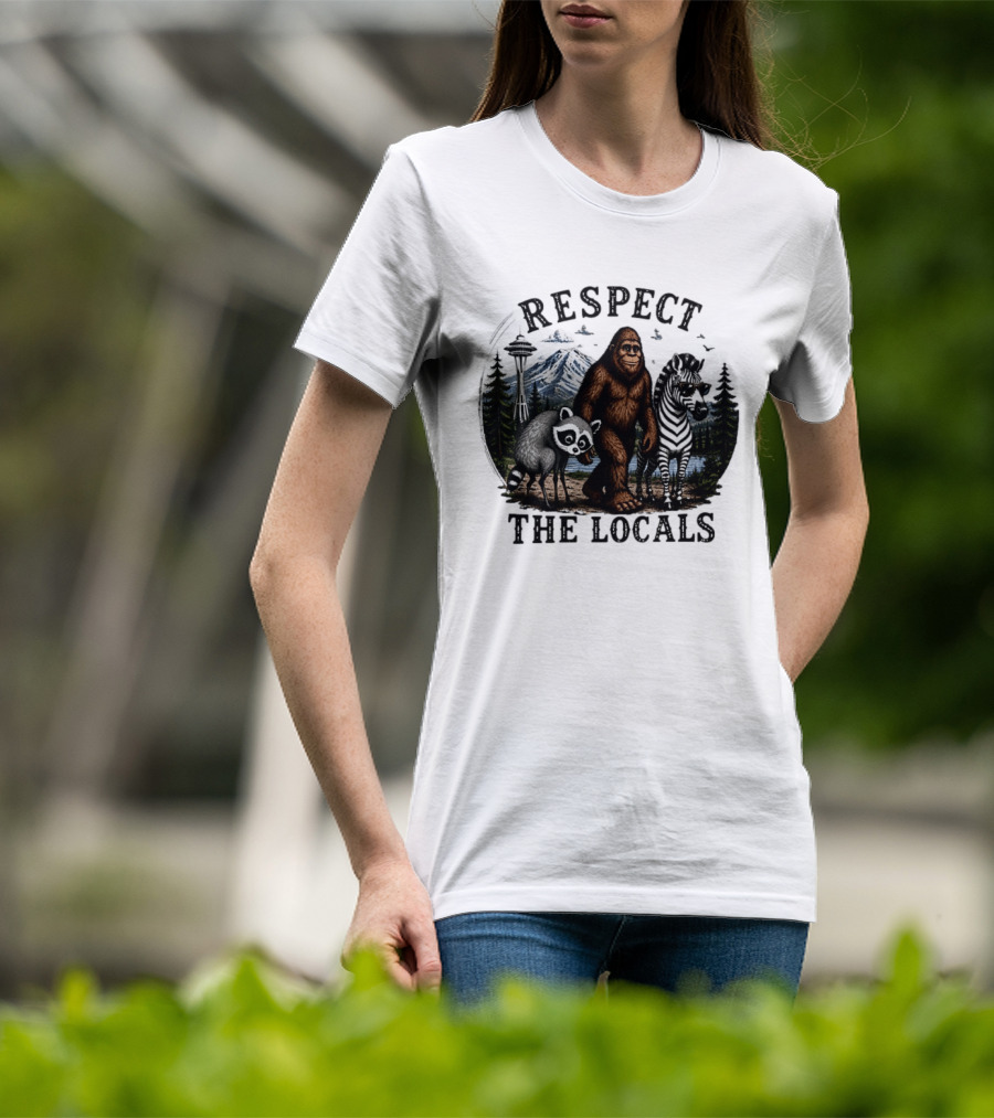 Respect The Locals Bigfoot Raccoon Zebra Seattle Space Needle Forest Scene T-Shirt