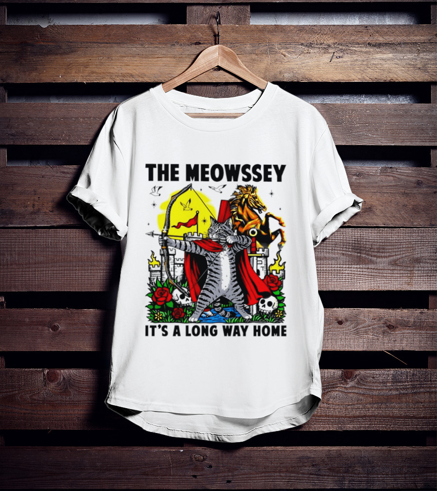 The Meowssey It's A Long Way Home Cat Archer With Red Cape And Horse T-Shirt