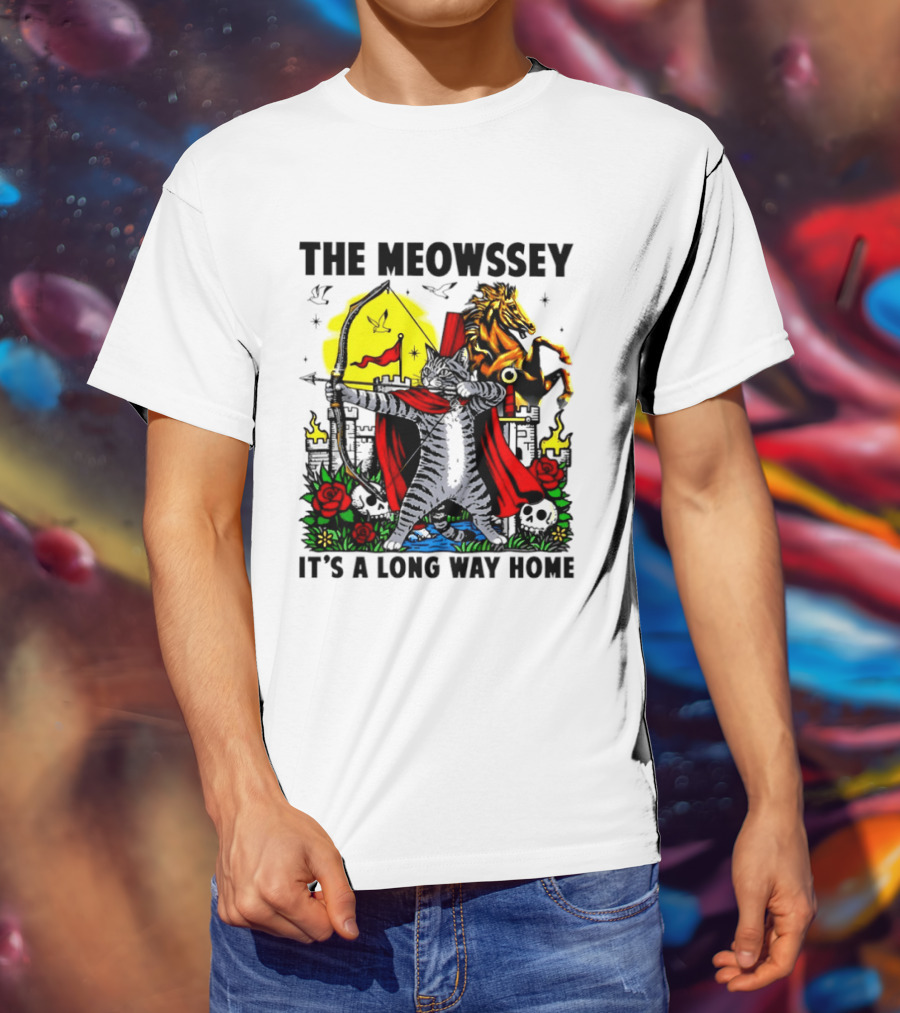 The Meowssey It's A Long Way Home Cat Archer With Red Cape And Horse T-Shirt