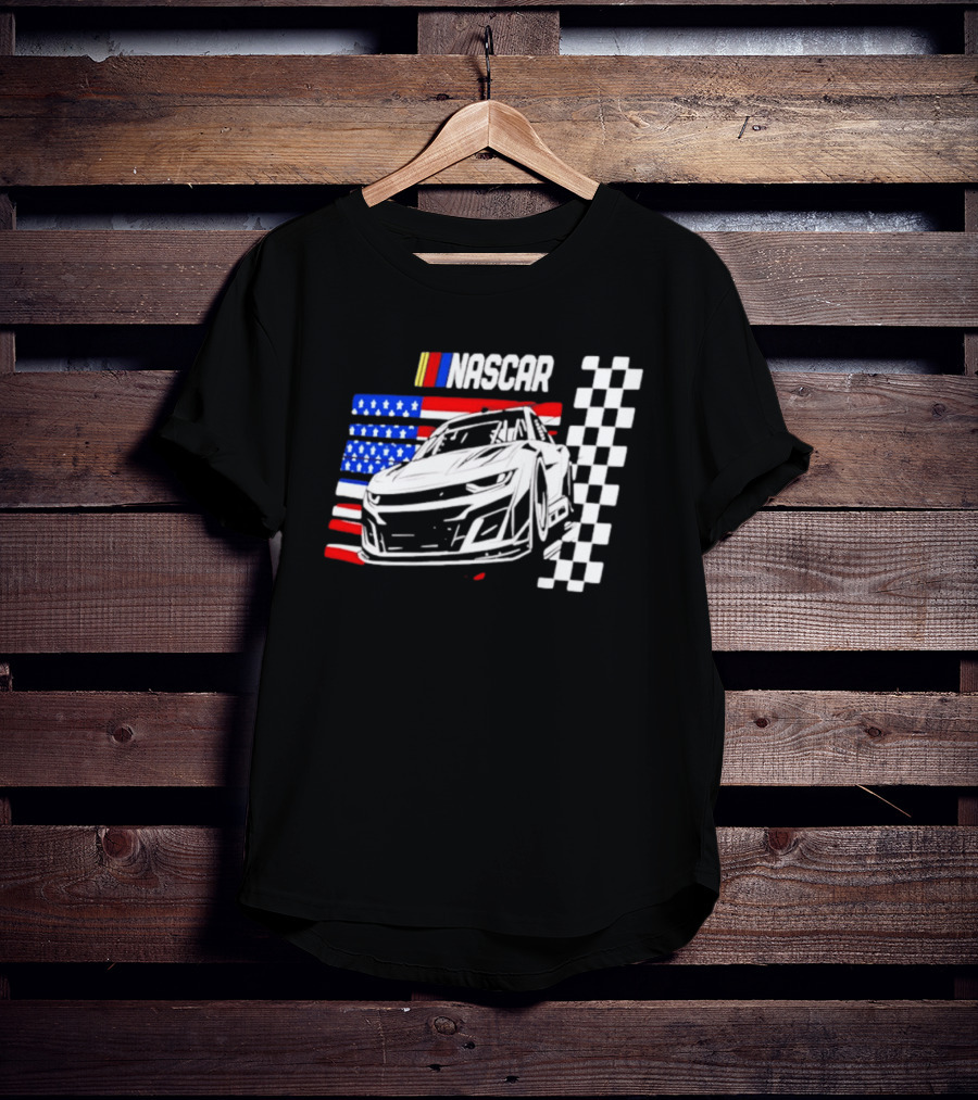 Nascar Race Car American Flag Checkered Flag T-Shirt