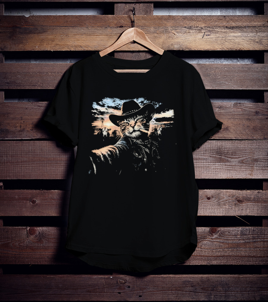 Cowboy Cat Smoking Selfie Sunset Western Sky Scene T-Shirt