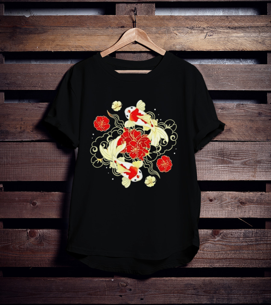 Koi Fish With Red And White Japanese Flowers T-Shirt