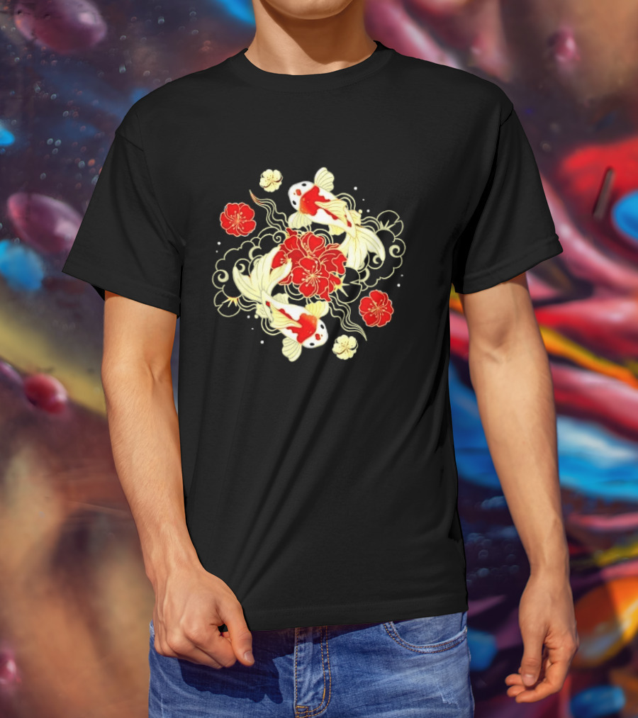 Koi Fish With Red And White Japanese Flowers T-Shirt
