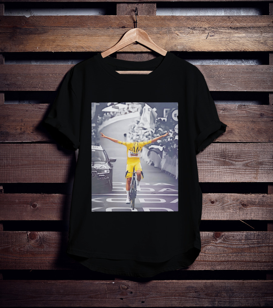 Tadej Pogacar Victory Moment Tour De France Skoda UCL Cyclist In Yellow Jersey T-Shirt
