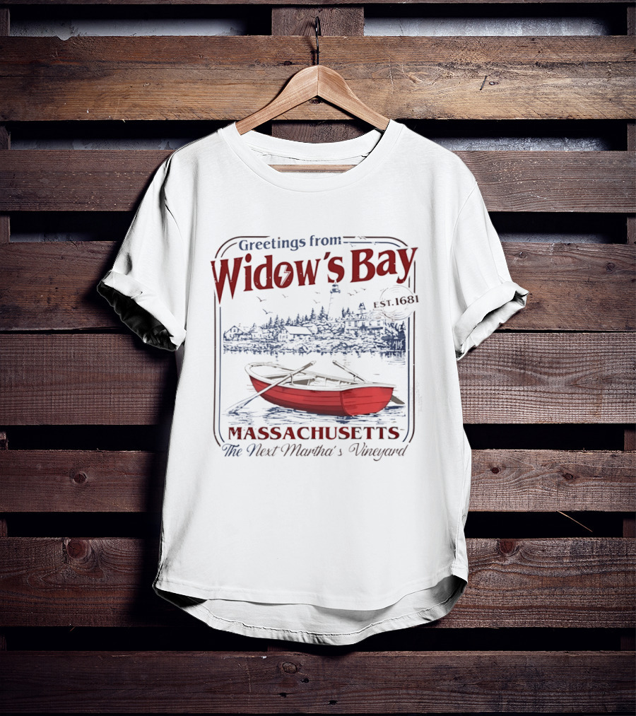 Greetings From Widow's Bay Massachusetts Est 1681 Martha's Vineyard Boat And Lighthouse T-Shirt