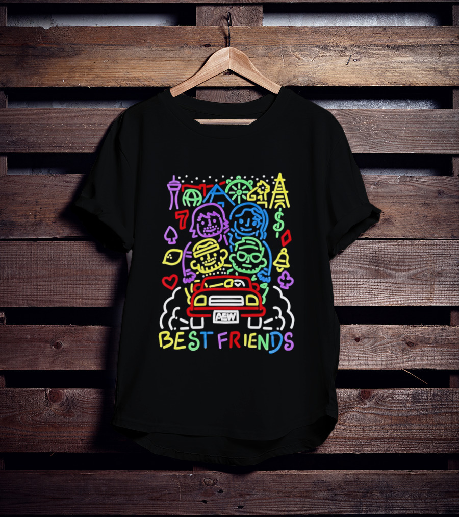 Best Friends AEW Neon Road Trip With Casino Icons And Landmarks T-Shirt