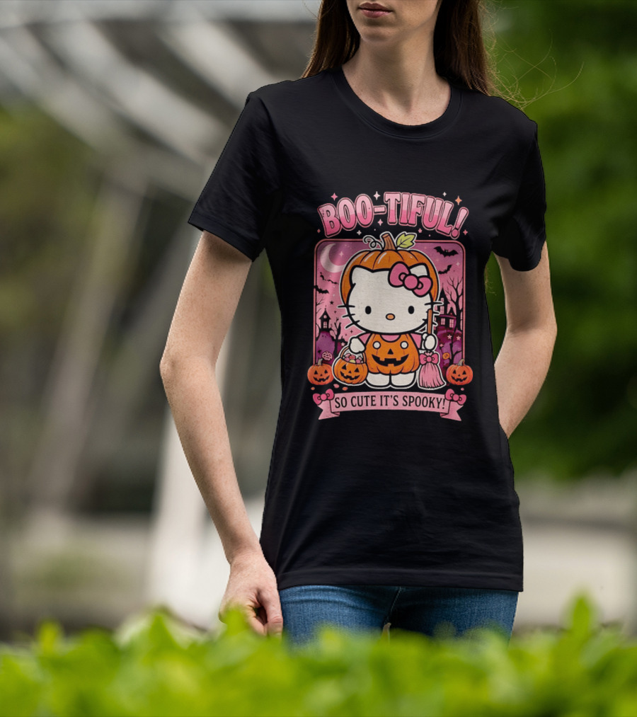 Boo Tiful Hello Kitty So Cute It's Spooky Halloween Pumpkin T-Shirt