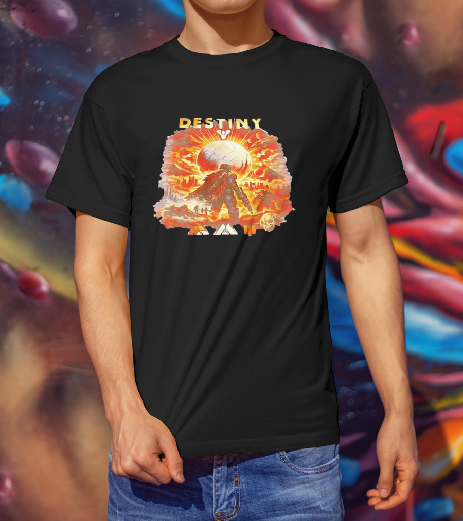 Destiny 3 Guardian Fireteam Solar Battle Scene With Traveler Sky Planet And Skull T-Shirt