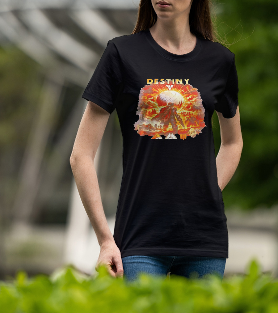 Destiny 3 Guardian Fireteam Solar Battle Scene With Traveler Sky Planet And Skull T-Shirt