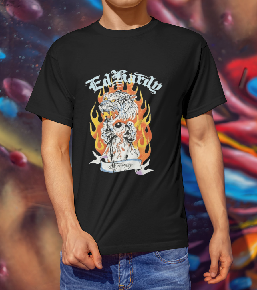Ed Hardy Flaming Tiger Eyeball Flame Tattoo T-Shirt