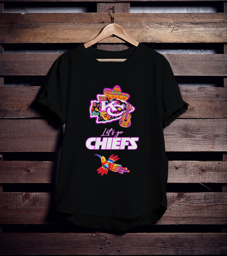 Kansas City Chiefs Let's Go Chiefs Fiesta Hispanic Heritage Mexican Folk KC Sombrero Guitar Hummingbird T-Shirt