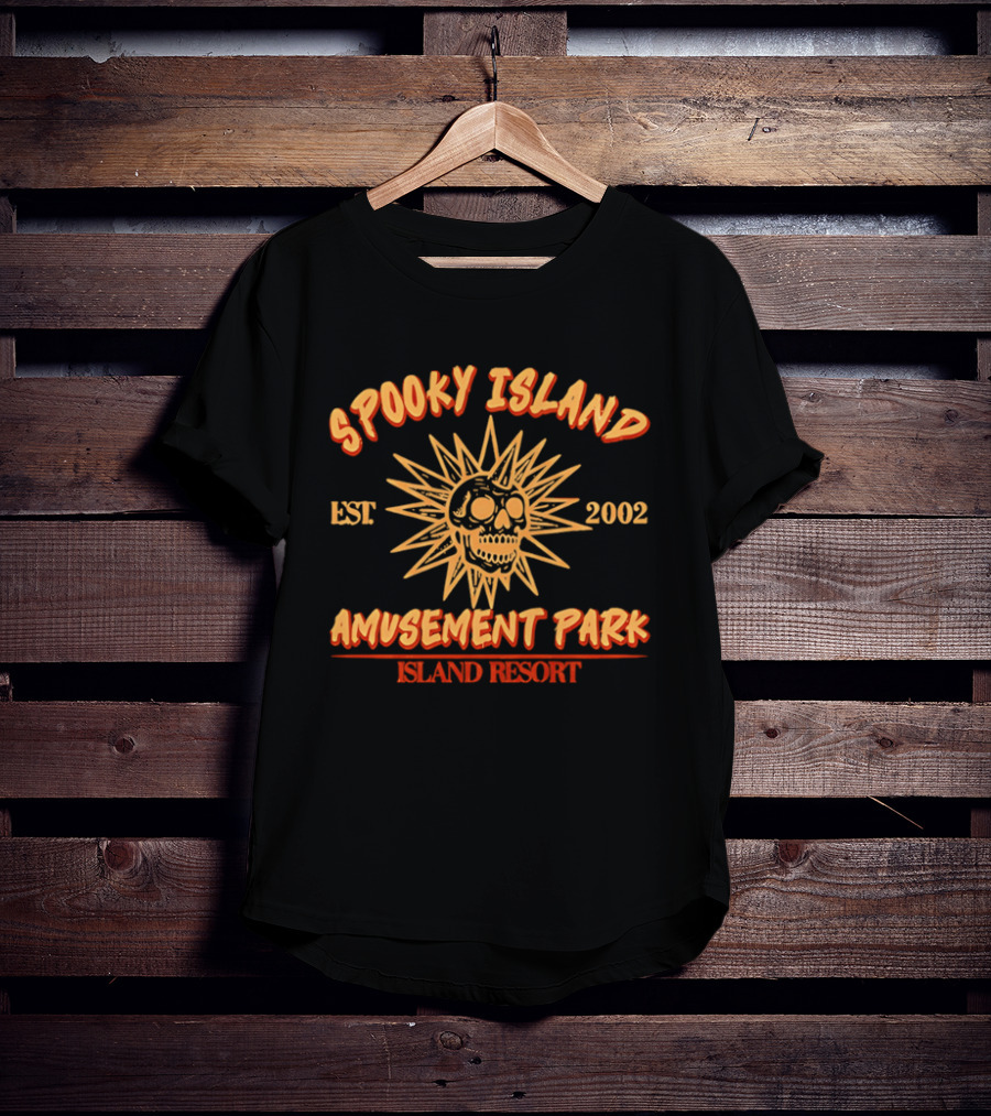 Spooky Island Amusement Park Est 2002 Island Resort Skull Sunburst T-Shirt