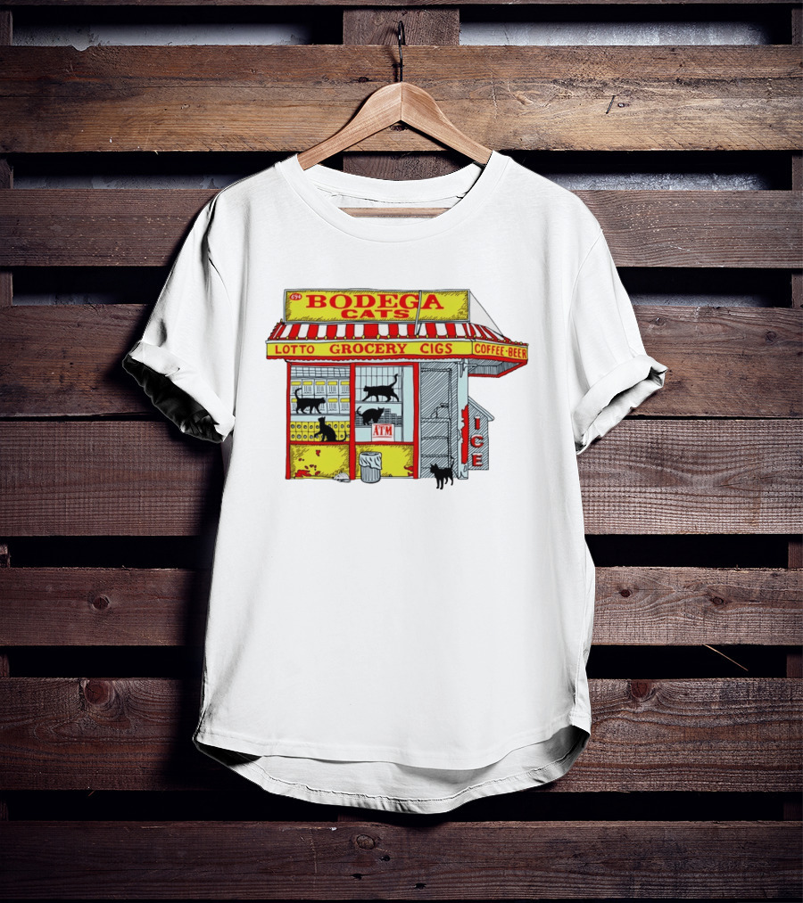 Bodega Cats Grocery Cigs Lotto Coffee Beer Ice ATM T-Shirt