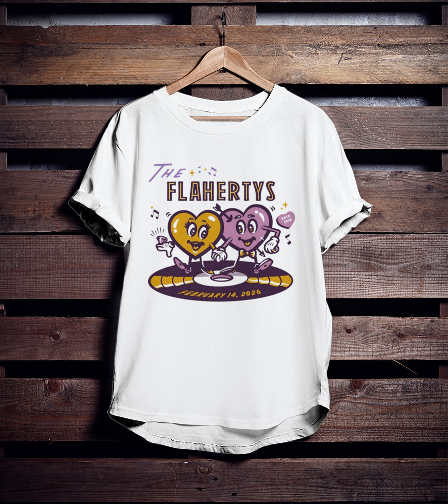 The Flahertys February 14 2026 Dancing Wedding Hearts With Music Notes T-Shirt