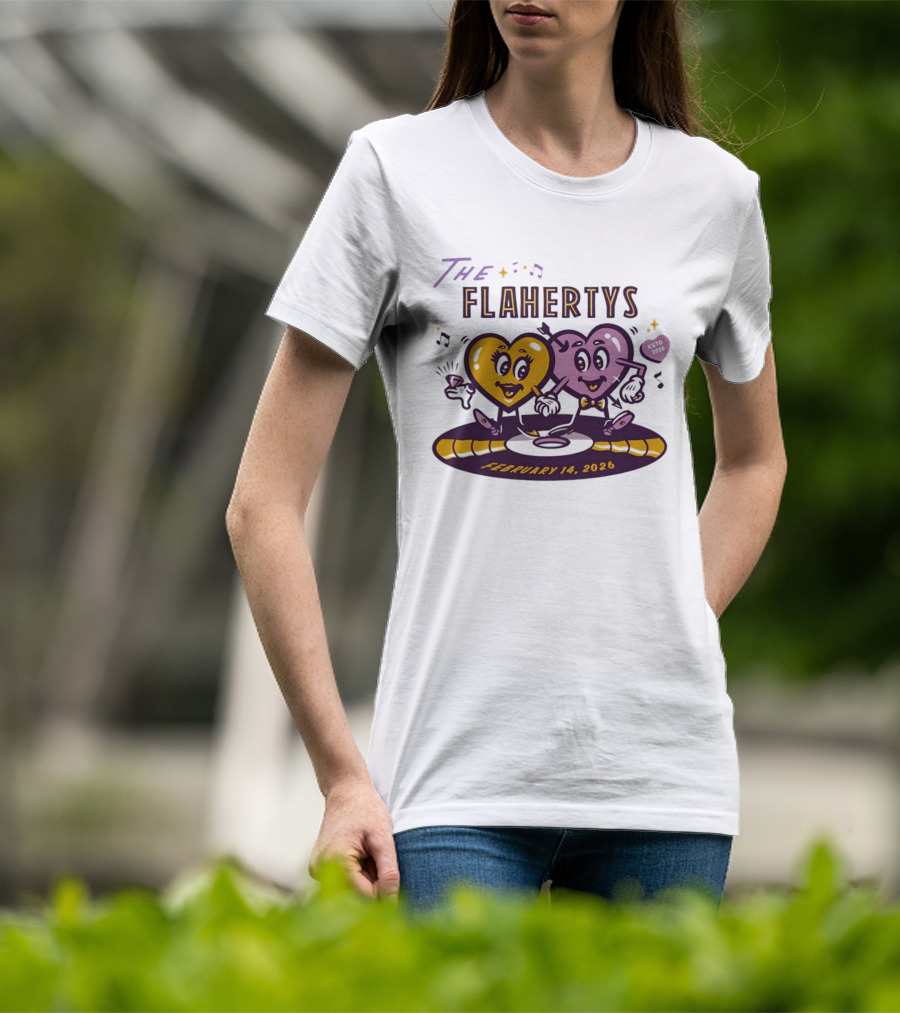 The Flahertys February 14 2026 Dancing Wedding Hearts With Music Notes T-Shirt