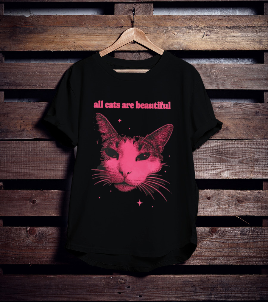 All Cats Are Beautiful Pink Halftone Cat Face With Stars T-Shirt