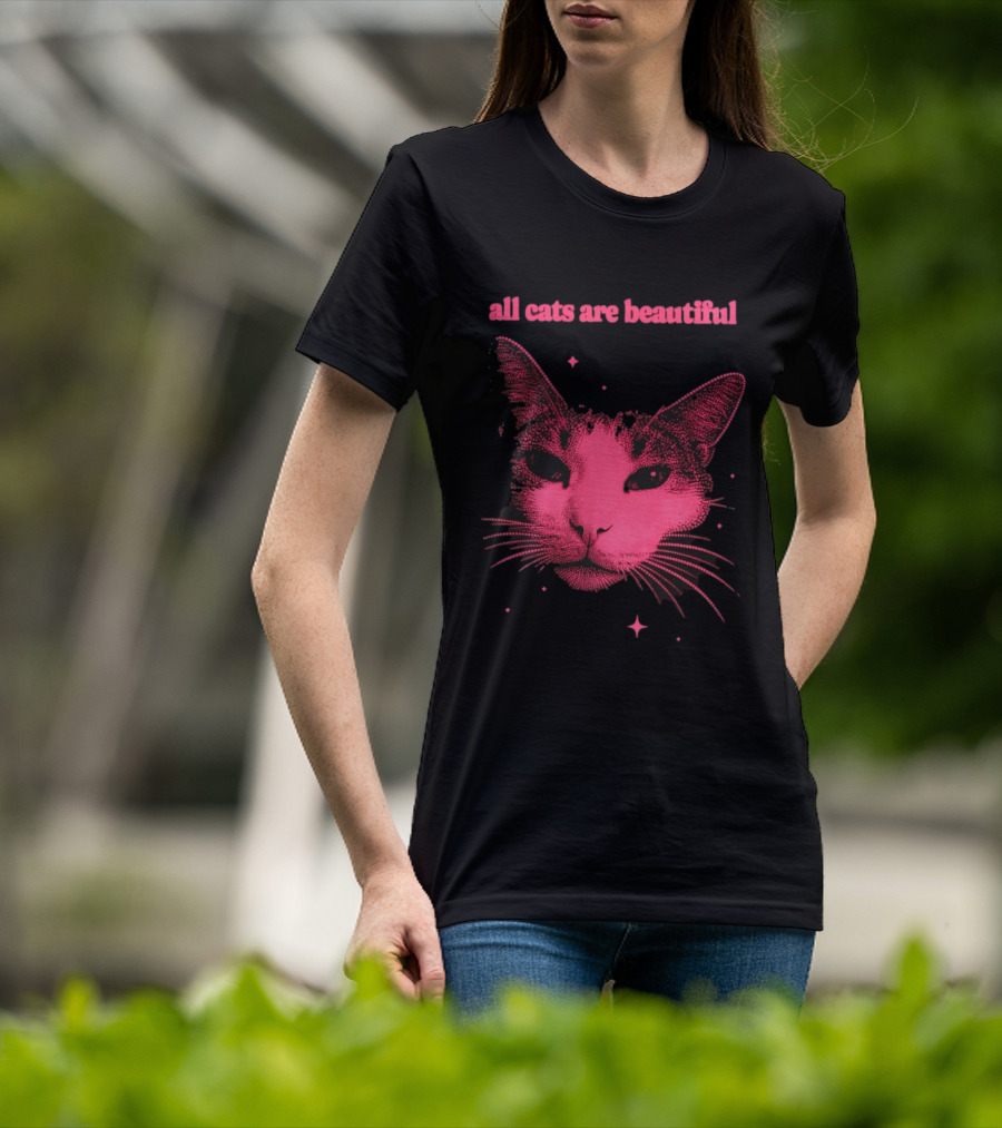 All Cats Are Beautiful Pink Halftone Cat Face With Stars T-Shirt