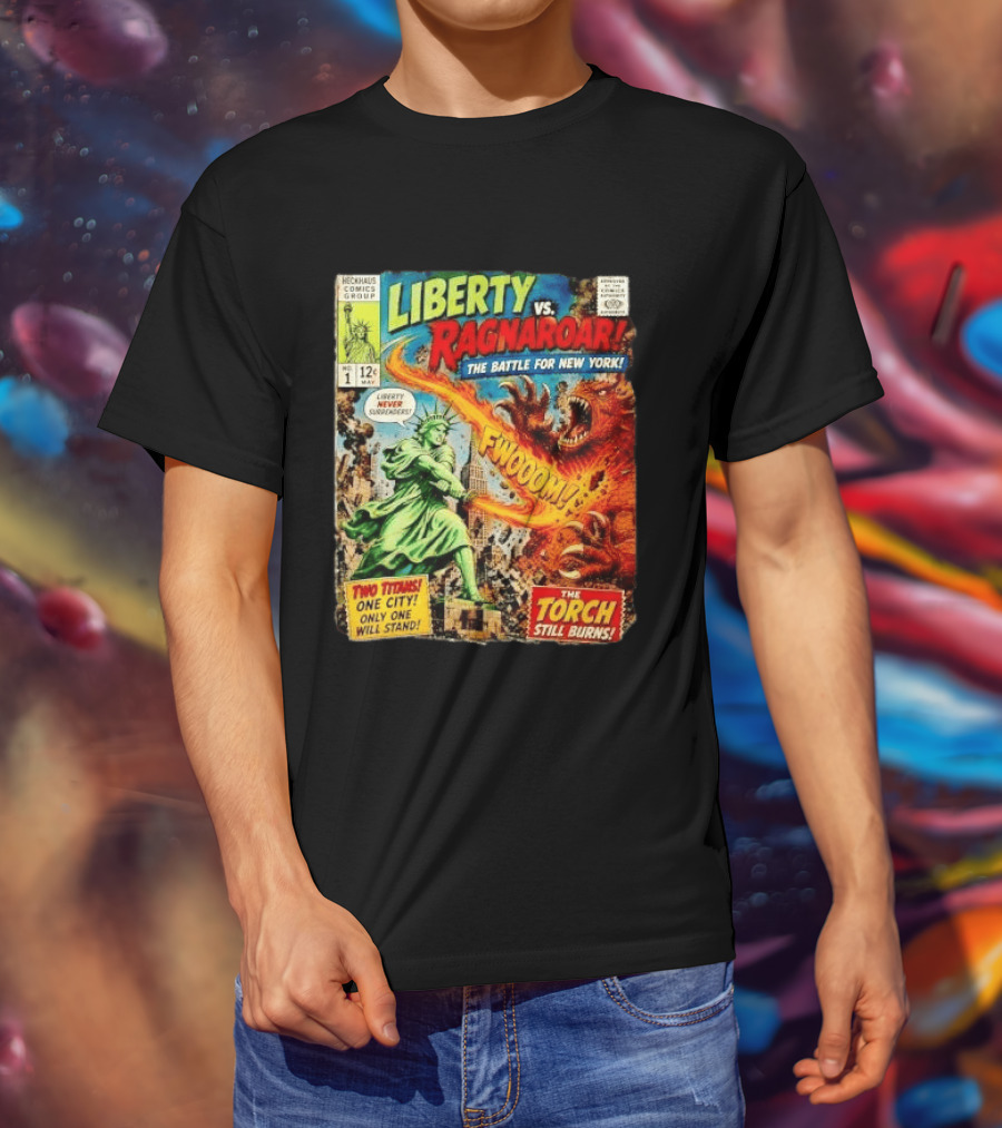 Heckhaus Comics Group Liberty Vs Ragnaroar The Battle For New York Fwooom Two Titans One City Only One Will Stand The Torch Still Burns T-Shirt