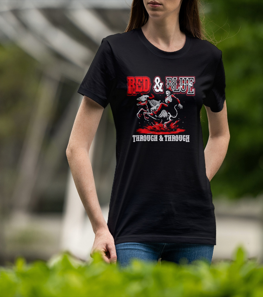 Red And Blue Through And Through Skeleton Cowboy Riding Horse T-Shirt
