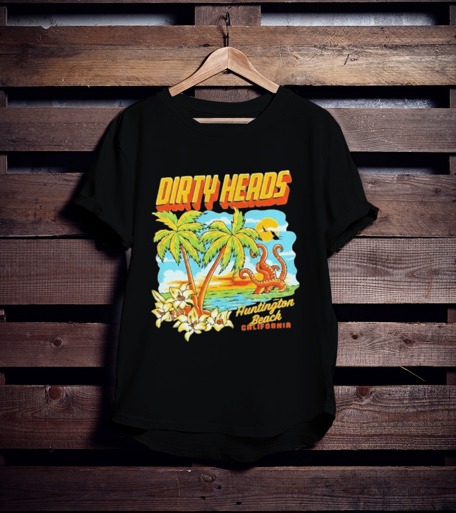 Dirty Heads Tropical Beach Palm Trees Ocean Sunset Octopus Huntington Beach California T-Shirt