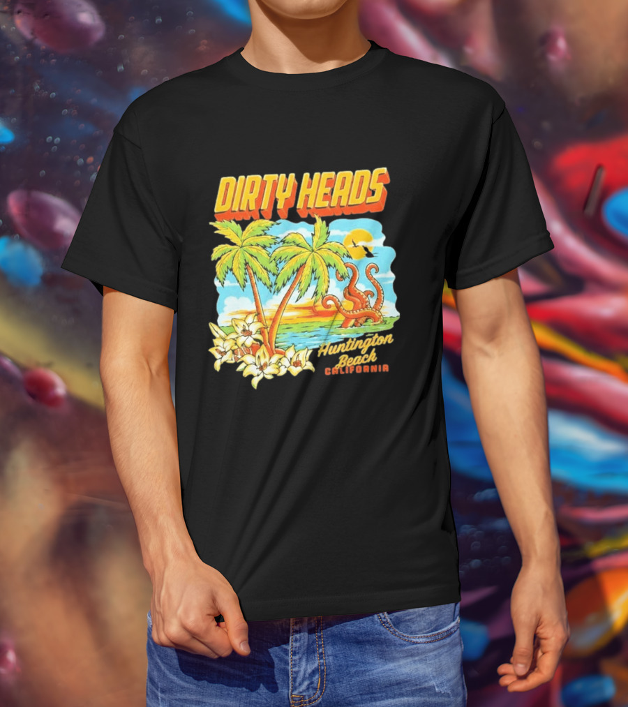 Dirty Heads Tropical Beach Palm Trees Ocean Sunset Octopus Huntington Beach California T-Shirt