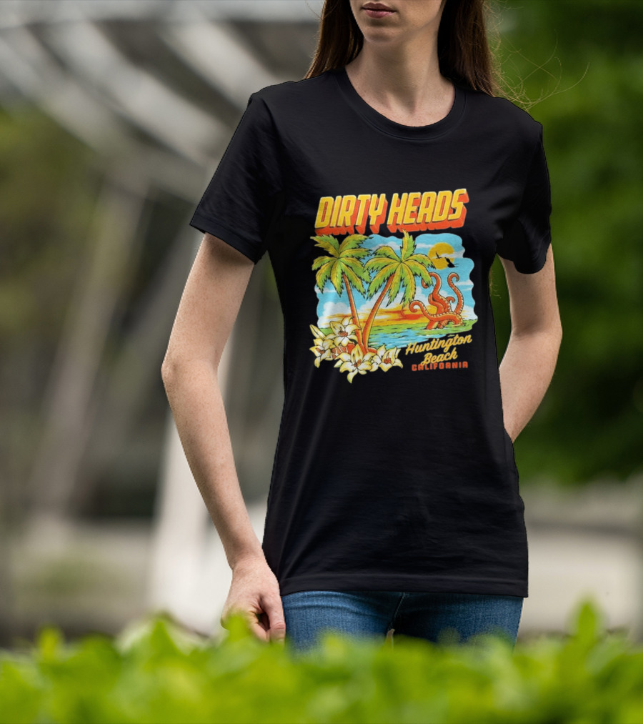 Dirty Heads Tropical Beach Palm Trees Ocean Sunset Octopus Huntington Beach California T-Shirt