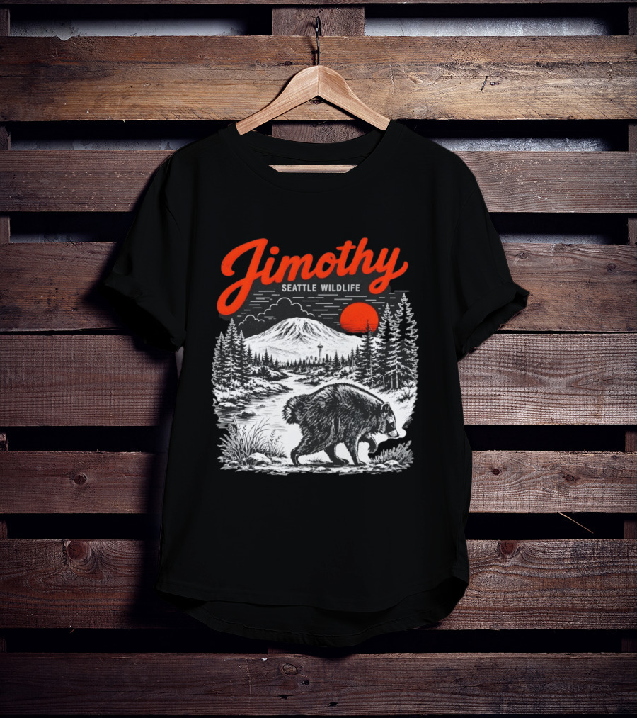 Jimothy Seattle Wildlife Raccoon With Mountain And Space Needle T-Shirt