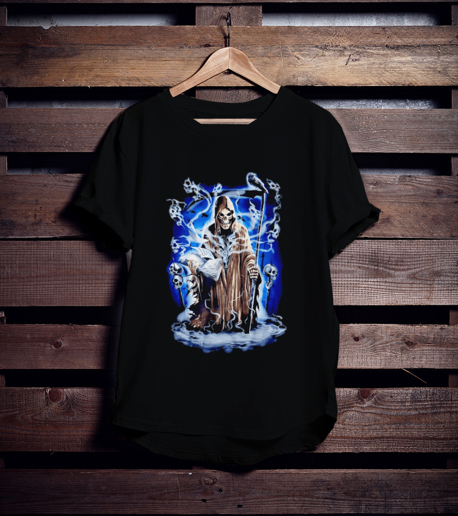 Sooner Than You Think Grim Reaper Skull And Scythe In Blue Mist T-Shirt
