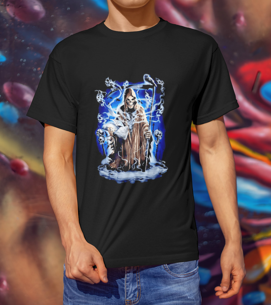 Sooner Than You Think Grim Reaper Skull And Scythe In Blue Mist T-Shirt