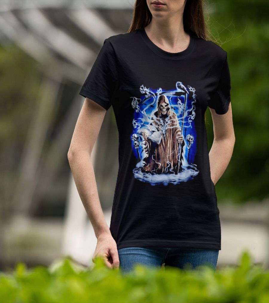 Sooner Than You Think Grim Reaper Skull And Scythe In Blue Mist T-Shirt