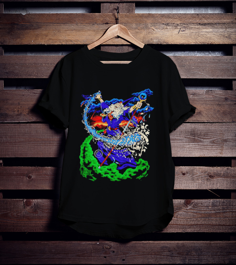 Wizard Casting Magic Conjuring Galaxies Fantasy Aurora Sky T-Shirt