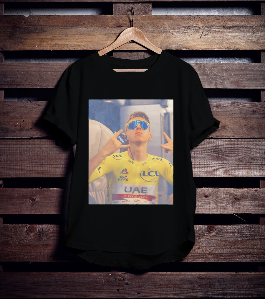 Tadej Pogačar In UAE Emirates Tour De France LCL Yellow Jersey With Sunglasses T-Shirt