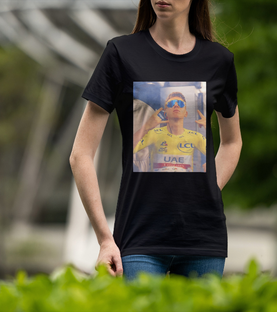 Tadej Pogačar In UAE Emirates Tour De France LCL Yellow Jersey With Sunglasses T-Shirt