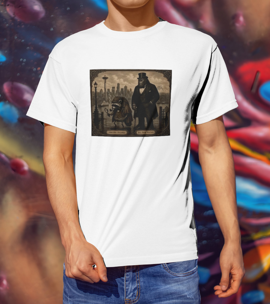 Jimothy Holmes Bigfoot Watson In Vintage Detective Scene Seattle Skyline T-Shirt