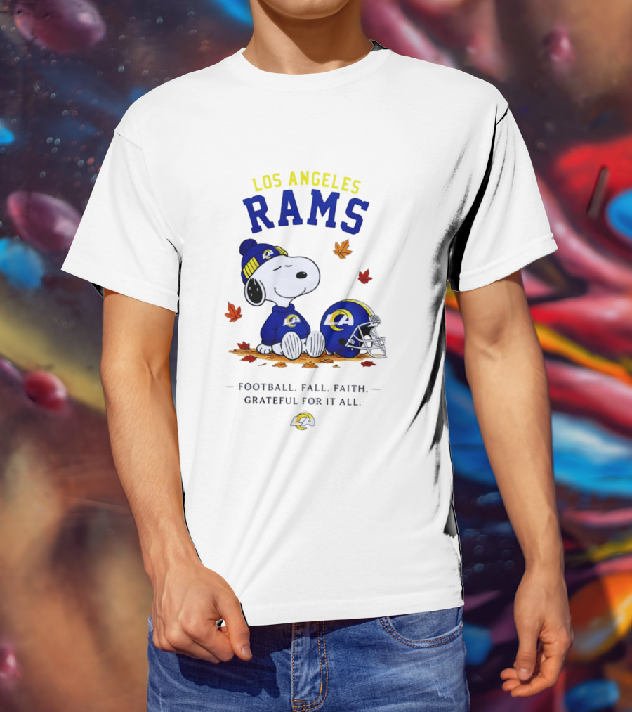Los Angeles Rams Snoopy Football Fall Faith Grateful For It All NFL Peanuts Fan Gear T-Shirt