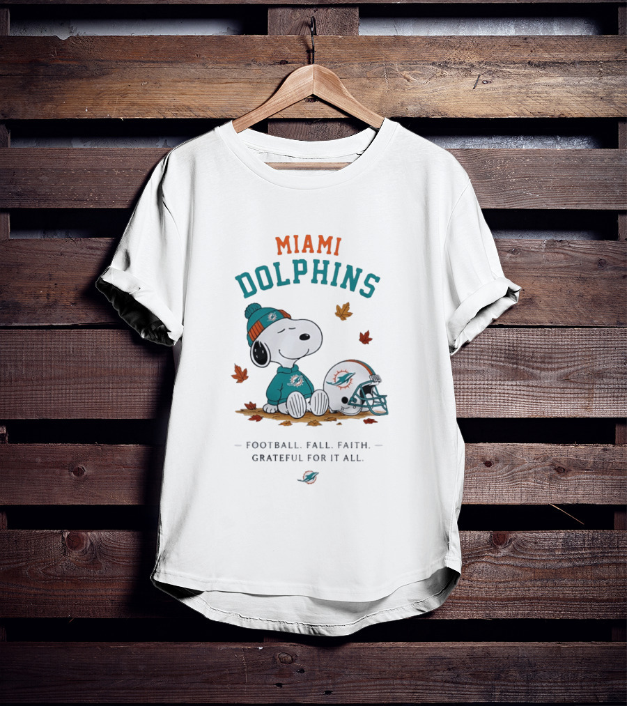 Miami Dolphins Snoopy Football Fall Faith Grateful For It All Peanuts NFL Helmet Team Fan T-Shirt