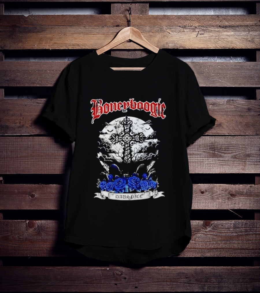 Boneyboogie Gothic Cross With Blue Roses And Full Moon T-Shirt