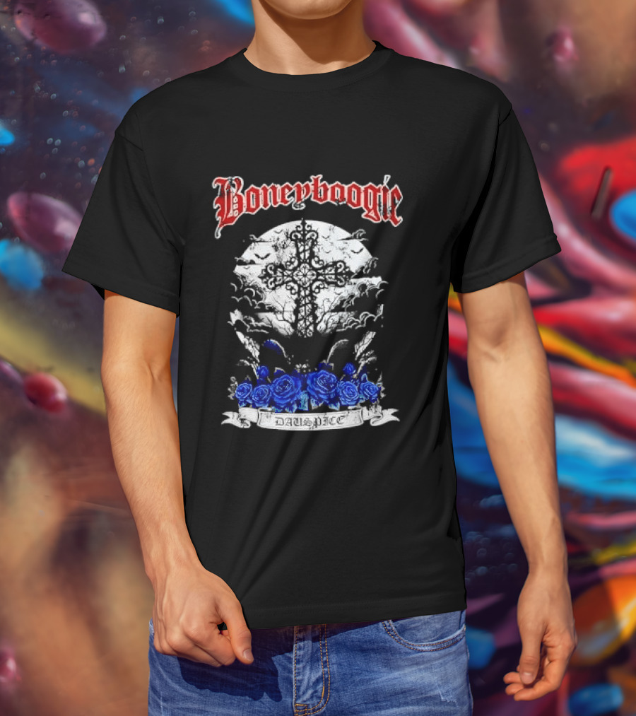 Boneyboogie Gothic Cross With Blue Roses And Full Moon T-Shirt