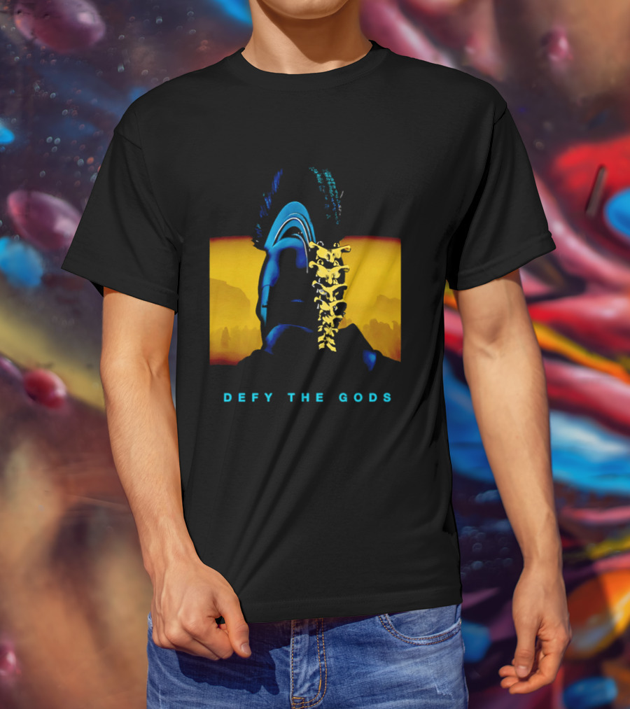 Defy The Gods Spartan Warrior Helmet Art Blue And Gold T-Shirt
