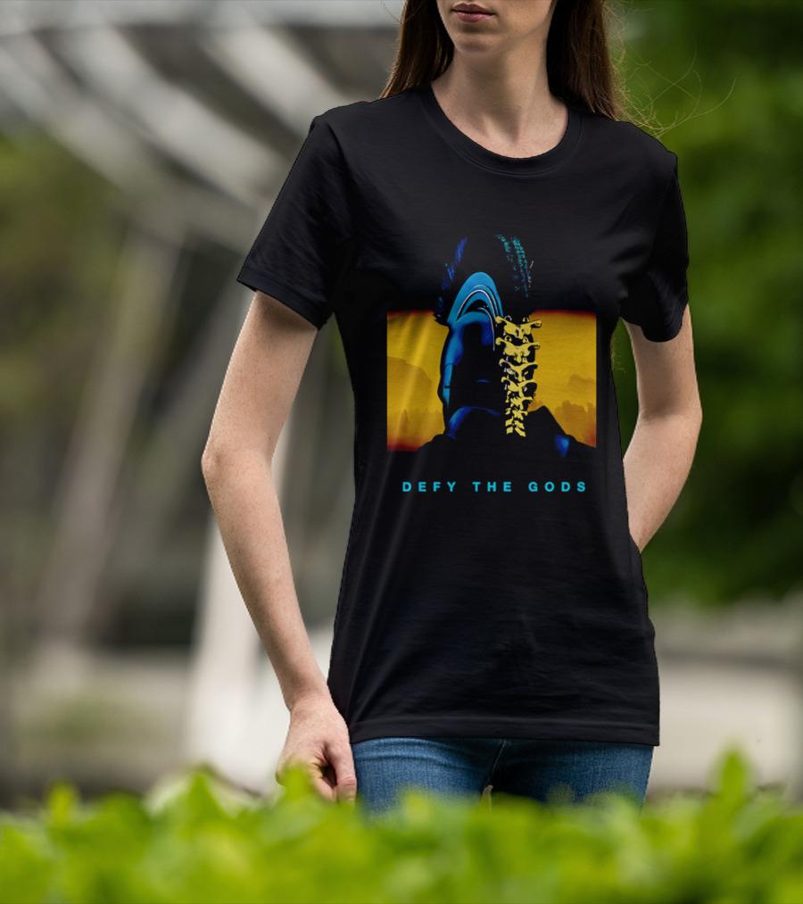 Defy The Gods Spartan Warrior Helmet Art Blue And Gold T-Shirt