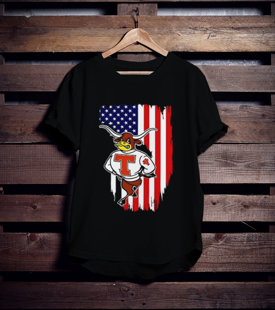 Texas Longhorns Mascot Over USA Flag T-Shirt