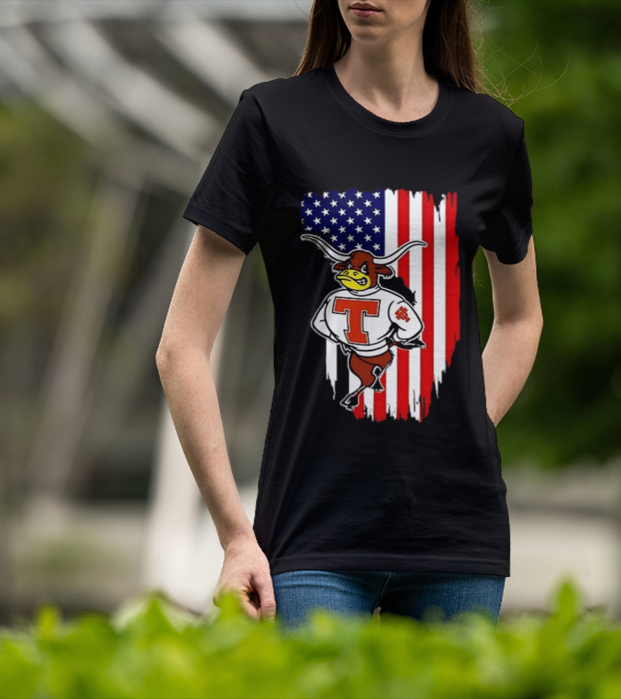 Texas Longhorns Mascot Over USA Flag T-Shirt
