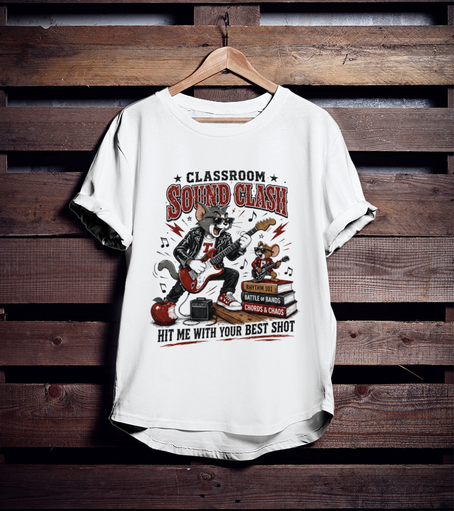Classroom Sound Clash Hit Me With Your Best Shot Tom And Jerry Electric Guitar Battle T-Shirt
