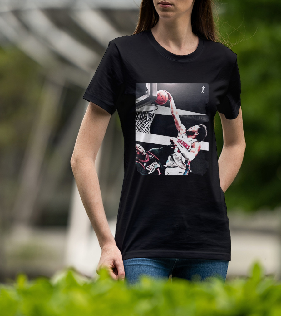 Pistons Cade Cunningham Slam Dunk Vs 76ers Andrei Drummond NBA Action T-Shirt