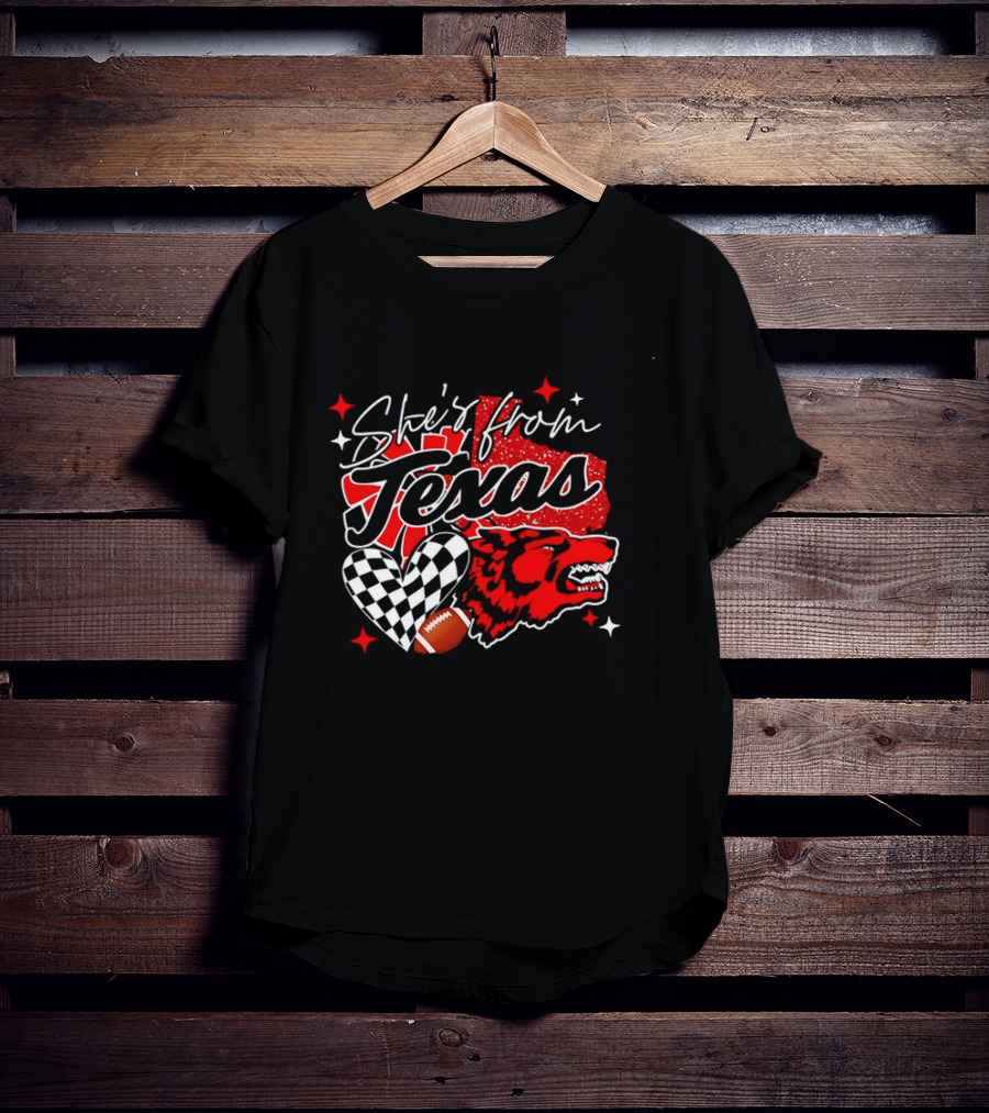 Cheerleading Texas Football Wolf She's From Texas Heart Checkered Ball Stars T-Shirt