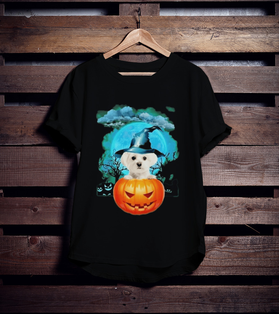 Happy Halloween White Maltese Witch Hat Pumpkin Blue Moon T-Shirt