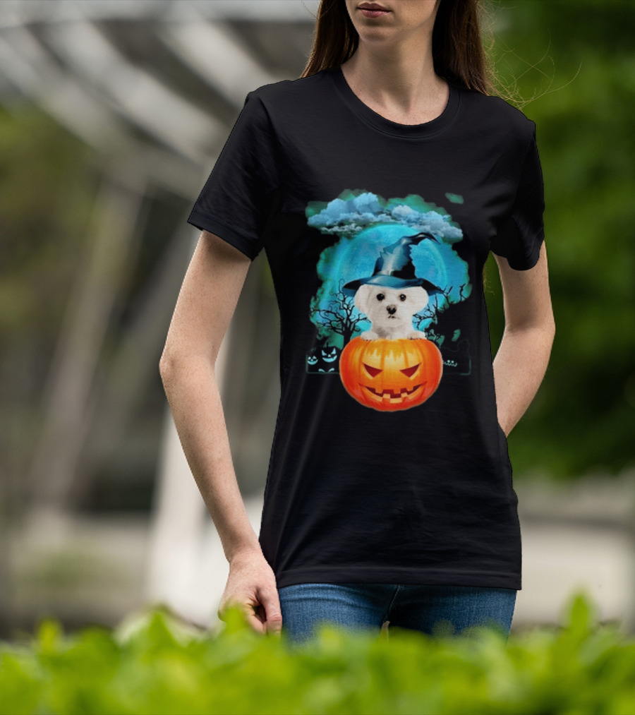 Happy Halloween White Maltese Witch Hat Pumpkin Blue Moon T-Shirt