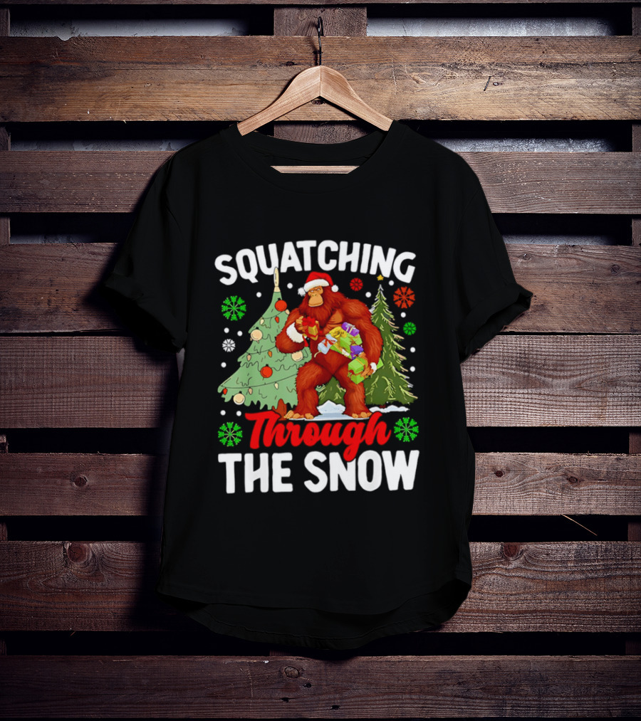 Squatching Through The Snow Bigfoot Christmas Tree Holiday Santa Big Foot T-Shirt