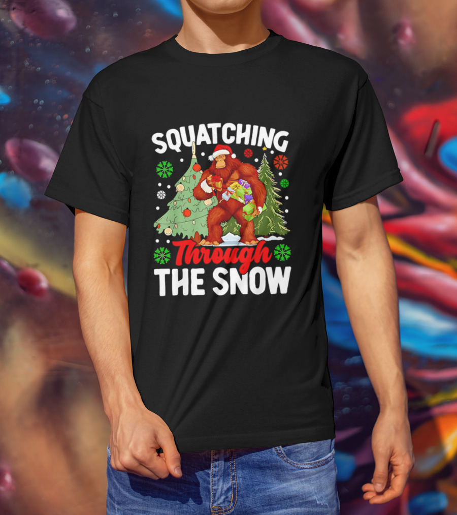 Squatching Through The Snow Bigfoot Christmas Tree Holiday Santa Big Foot T-Shirt