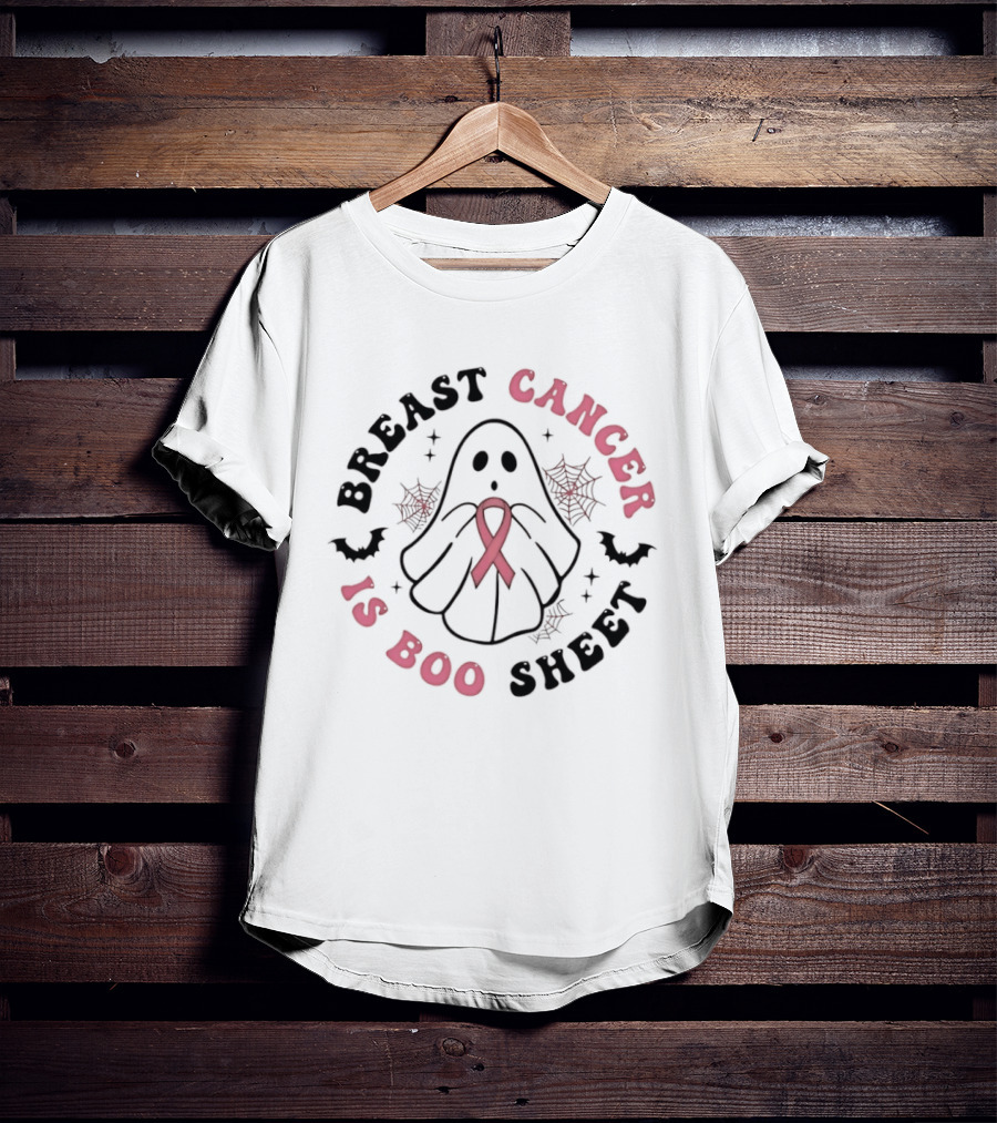 Breast Cancer Awareness Ghost Boo Sheet Ribbon Spooky Webs Bats T-Shirt